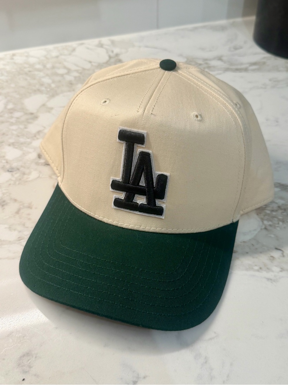 LA Baseball Cap - Cream Crown with Dark Green Brim
